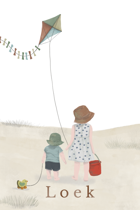 Poster strand vlieger grote zus broertje zomer