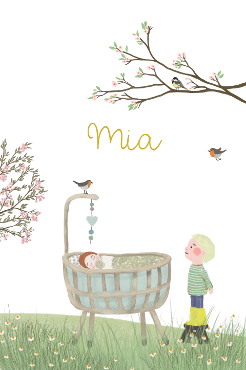 Poster Zusje broertje rotan wiegje lentebloesem