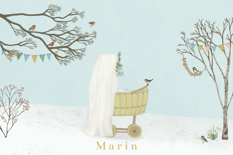 Geboortekaartje rotan wieg sluier eikenboom winter