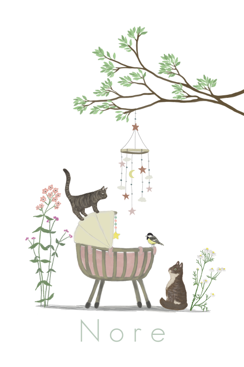 Poster Rotan wiegje kat zomerbloemen