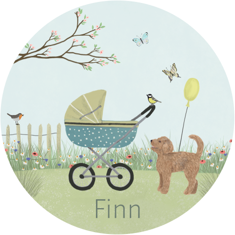 Geboortekaartje Labradoodle vintage kinderwagen lente rond