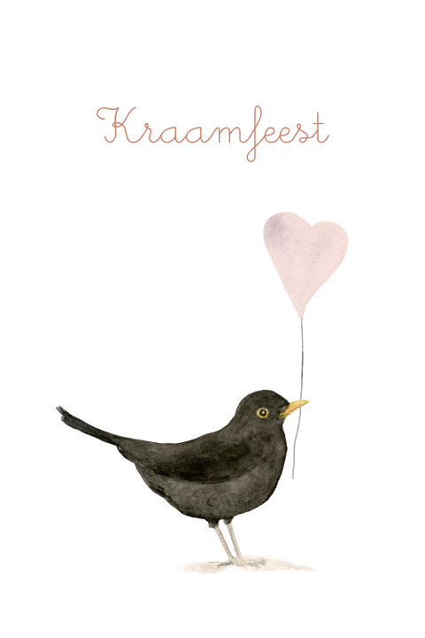 Kraamfeest kaart merel & hart waterverf