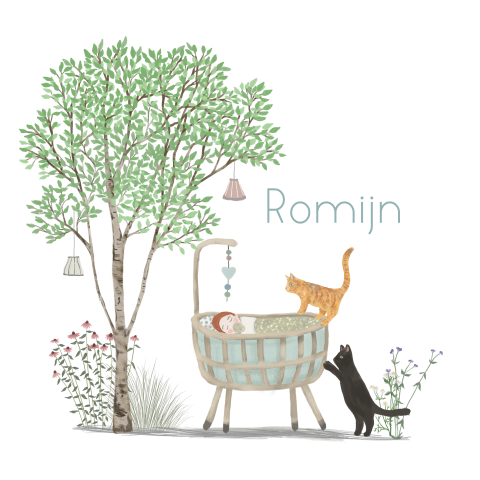 Poster rotan wiegje berkenboom huisdier katten zomer