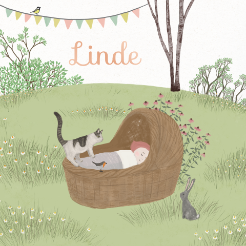 Geboortekaartje bloemenweide rieten mandje kat