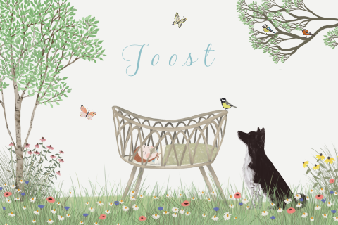 Geboortekaartje Bordercollie wiegje veldbloemen