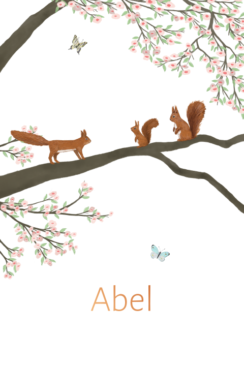 Geboortekaartje Eekhoorntjes boom met kersenbloesem