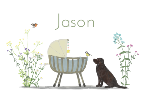 Poster Rotan wiegje labrador veldbloemen