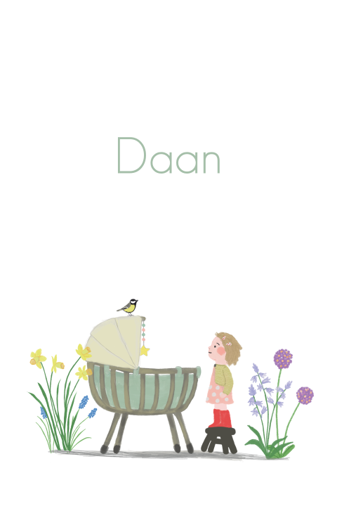 Geboortekaartje rotan wiegje groen zus lente