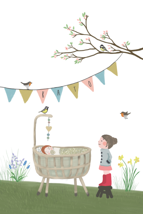 Poster Rotan wiegje grote zus en zusje lente