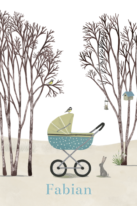 Geboortekaartje kinderwagen berkenbomen konijn winter