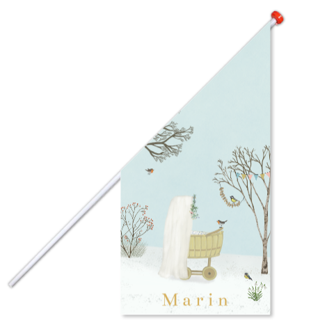 Geboortevlag rotan wiegje eikenboom winter