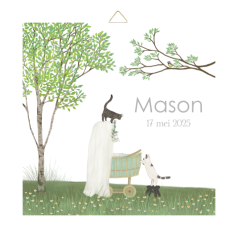 Tegeltje Rotan wieg huisdier katten berkenboom lente