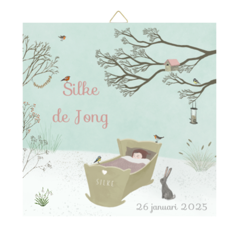 Tegeltje Ledikant vogels sneeuw roze winter