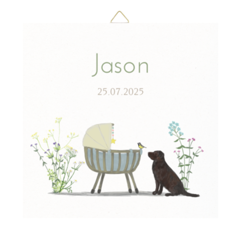 Tegeltje Rotan wiegje labrador veldbloemen