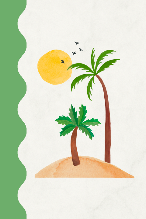 Geboorte label kaartje met eiland met palmbomen