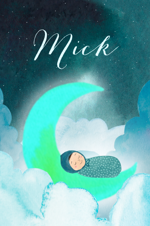 Geboortekaartje Mick | Baby'tje in de wolken op de maan