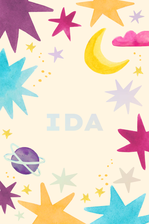 Kleurrijk geboortekaartje 'Ida' met vrolijke sterren en maan