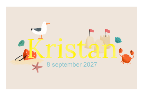Geboortekaartje strand 'Kristan' | knalgele naam en zee elementen