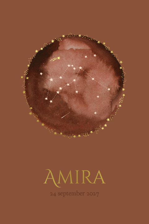 Geboortekaartje 'Amira' met sterrenbeeld en goudfolie