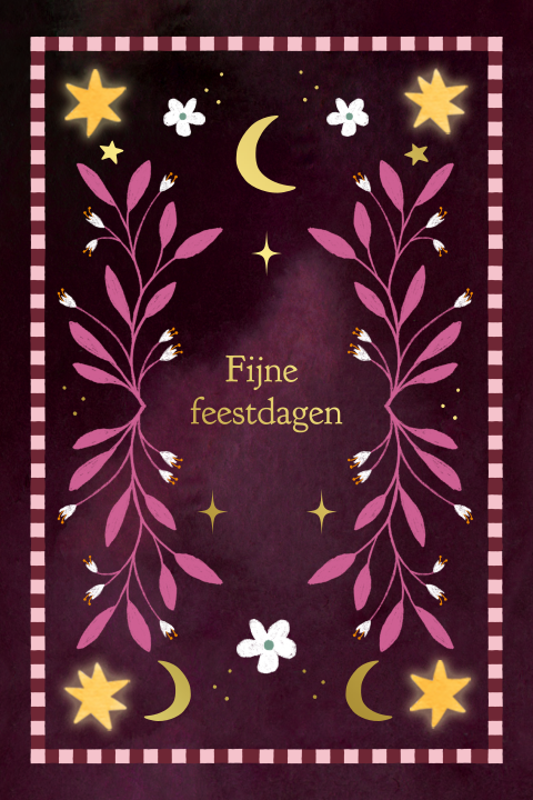 Bohemien kerstkaart met diepe paarse tinten, bloemen en goudfolie