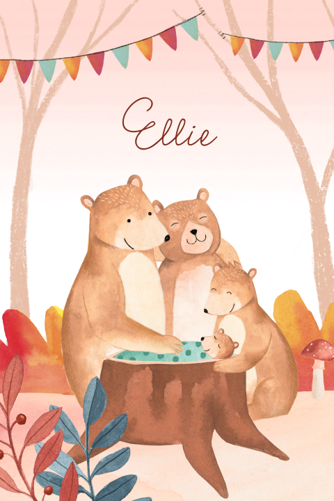 Herfst geboortekaartje 'Ellie' tweede kindje - Aquarel berenfamilie