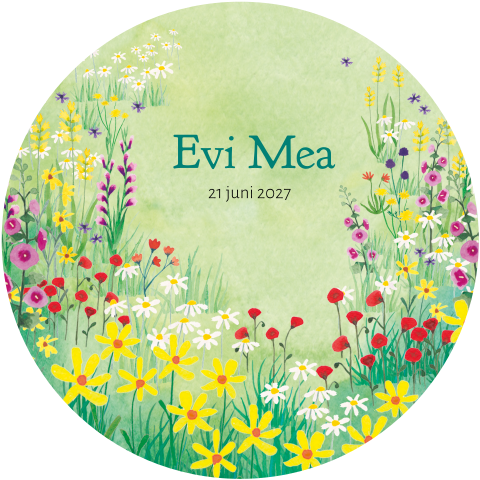 Geboortekaartje Evi Mea | Rond met wildbloemen