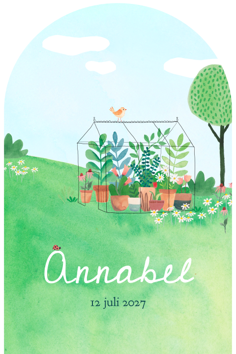 Geboortekaartje Annabel | Tuintje met kas en bloemen