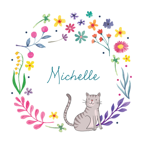 Geboortekaartje Michelle - Bloemencirkel met kat
