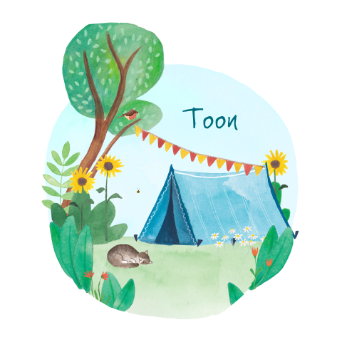 Avontuurlijk geboortekaartje Toon, Tentje, Kamperen, Natuur, Aquarel