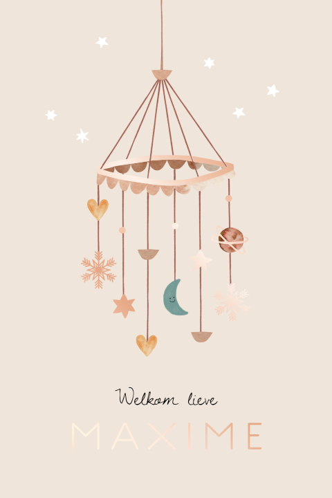 Lief geboortekaartje 'Maxime' met mobiel, maan en rosé goudfolie