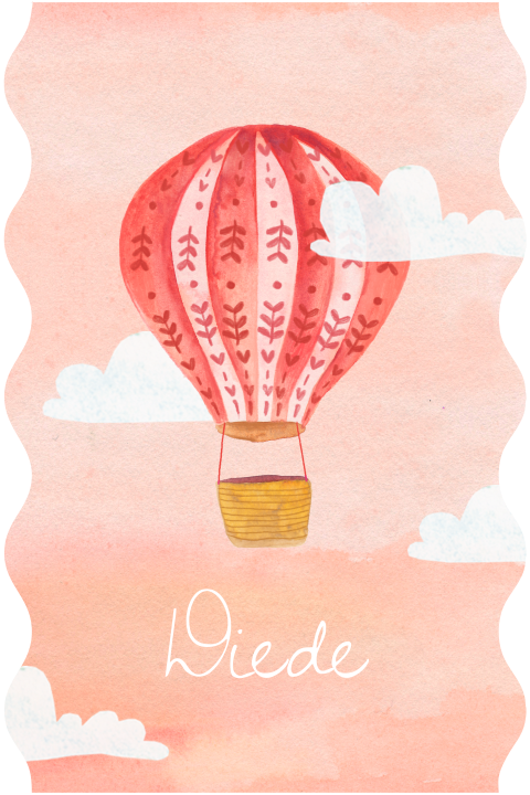 Geboortekaart Diede, Golvende randen, Luchtballon, Aquarel illustratie