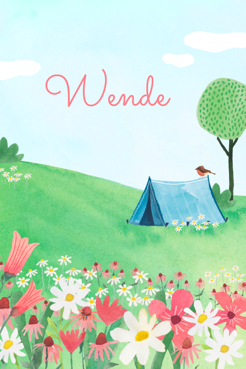 Geboortekaartje meisje 'Wende' – Handgetekend met tentje en bloemen