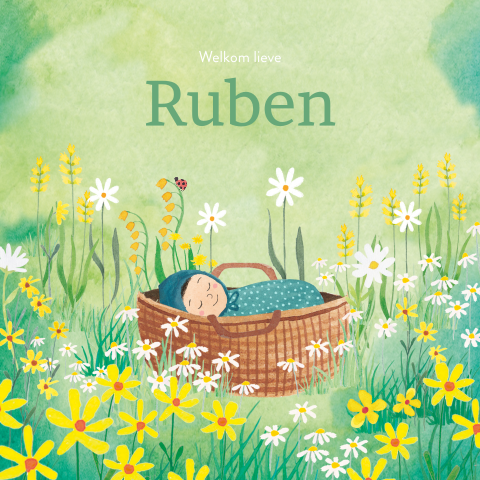 Geboortekaartje Ruben | Baby in bloemenveld