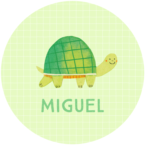 Rond geboortekaartje met schildpad en groen ruit patroon