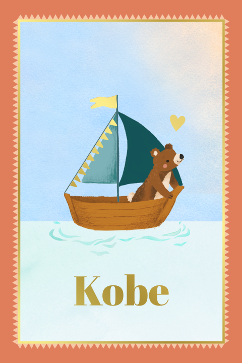 Uniek geboortekaartje 'Kobe' met beertje in boot en goudfolie