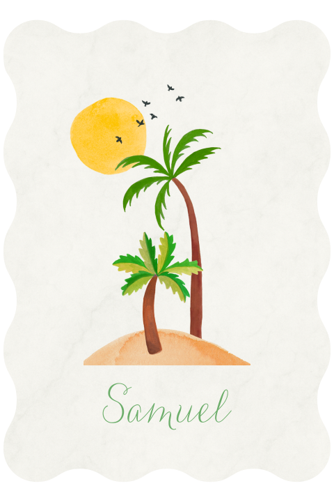 Zonnig geboortekaartje Samuel, Palmbomen, Zon, Golvende vorm, Trendy