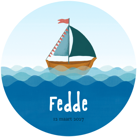 Blauw geboortekaartje 'Fedde' met bootje – Uniek, rond ontwerp