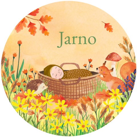 Geschilderd geboortekaartje Jarno, Herfst, bosdieren, Aquarel, Bloemen