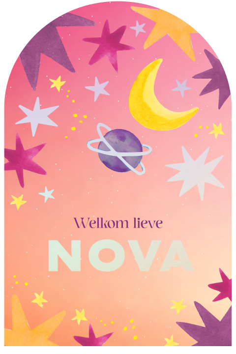 Kleurrijk geboortekaartje 'Nova' met vrolijke sterren en maan