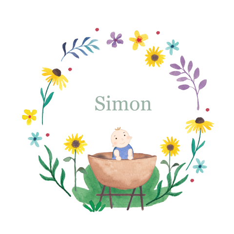 Geboortekaartje Simon | Wiegje met kindje en bloemencirkel