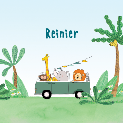 Vrolijk geboortekaartje Reinier, Safari dieren in retro reis busje