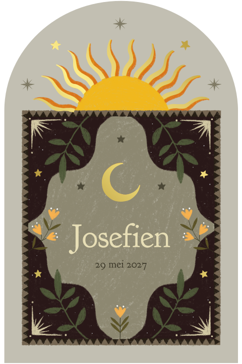 Spiritueel geboortekaartje Josefien in boogvorm, sterren en maantjes