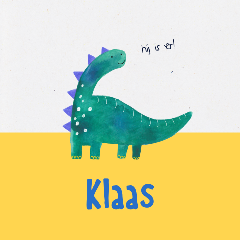 Duurzaam, unisex geboortekaartje | Dinosaurus in aquarel, vierkant, okergeel
