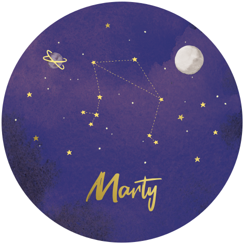 Geboortekaartje Marty | Ronde vorm, heelal met sterrenbeeld