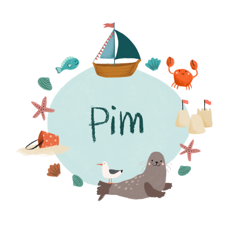 Geboortekaartje Pim | Stand, zee en een zeehond