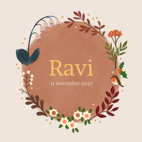 Geboorte tegeltje met cirkel van bloemen en plantjes