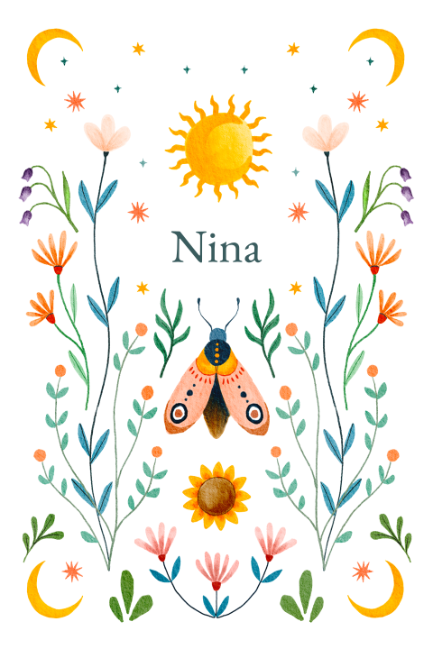 Geboortekaartje Nina - Spiritueel kaartje met maantjes en bloemen