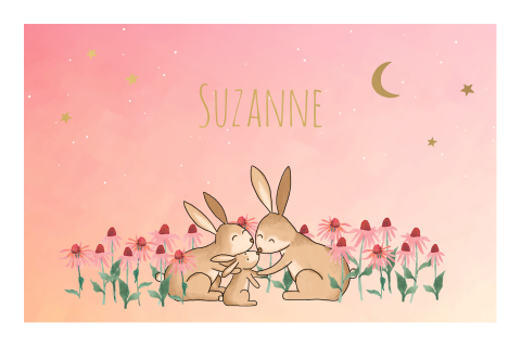 Geboortekaartje meisje 'Suzanne', Konijntjes, bloemen, sterrenhemel