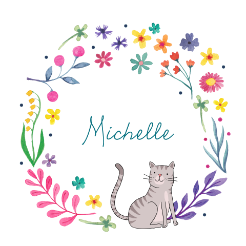 Geboortekaartje Michelle - Bloemencirkel met kat