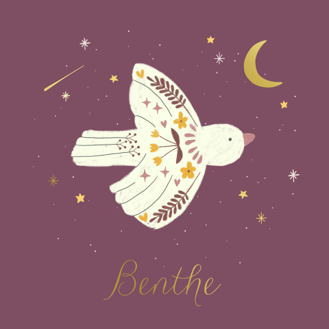 Geboortekaartje Benthe  |  Folklore vogeltje met goudfolie